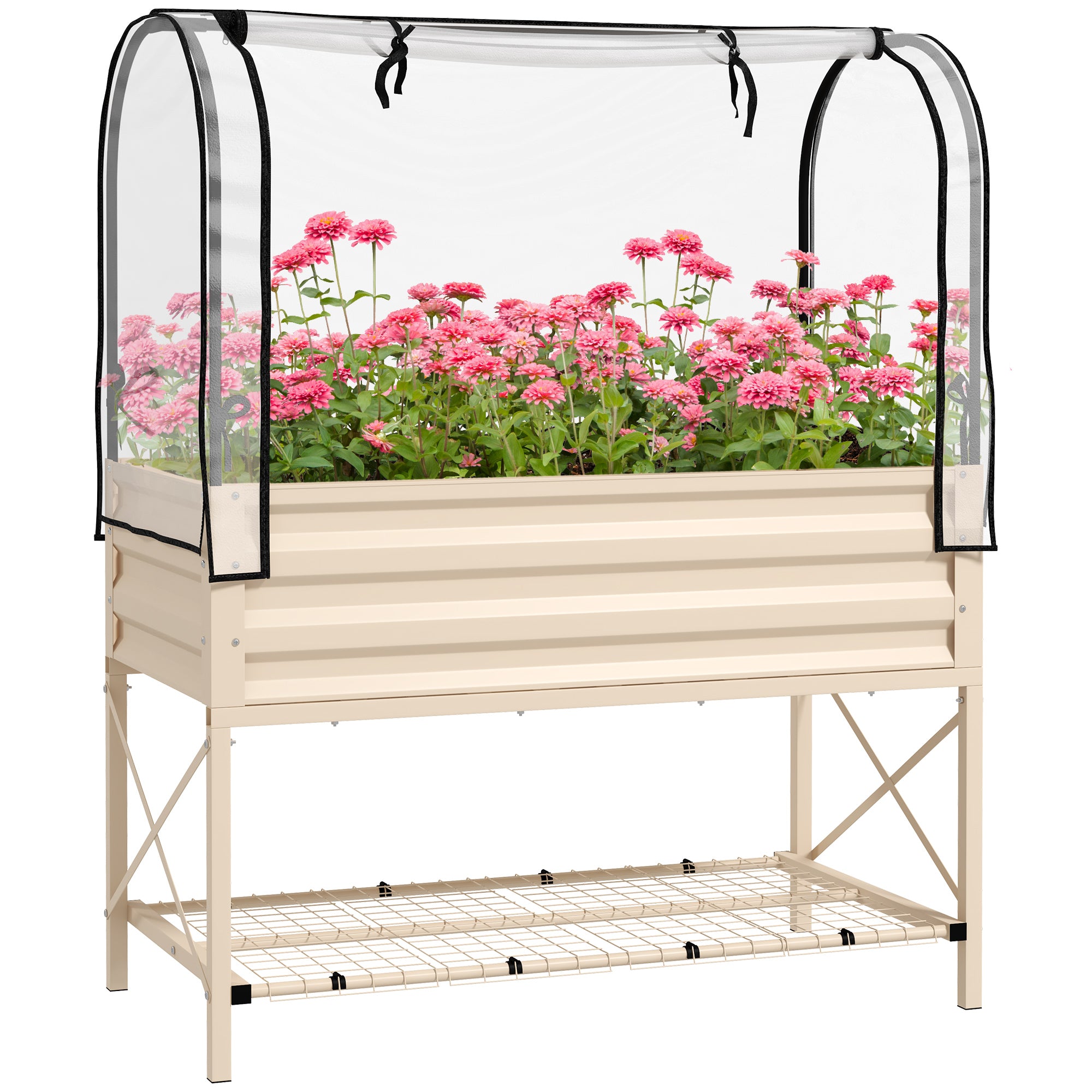 Outsunny Raised Garden Bed with Legs and Cover Metal Elevated Planter Box with Bottom Shelf and Liner Cream