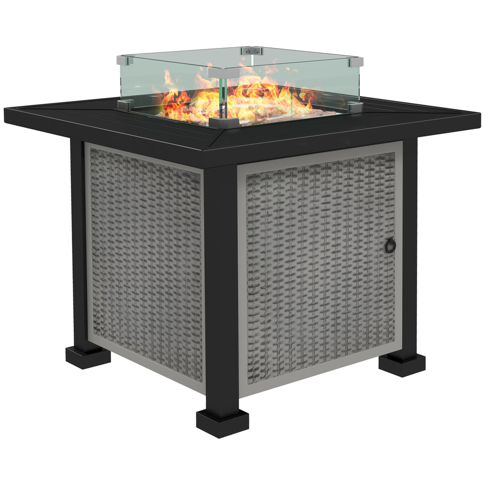 Square Propane Gas Fire Pit Table, 50000 BTU Rattan Smokeless Firepit Patio Heater with Glass Screen, Glass Beads and Lid, 81cm x 81cm x 64cm, Grey