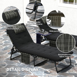 2 Pieces Folding Lounge Chairs with 4-level Reclining Back, Outdoor Tanning Chair with Cushion, Sun Lounger with Breathable Mesh Fabric, Side Pocket, Headrest, Black