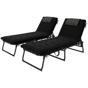 2 Pieces Folding Lounge Chairs with 4-level Reclining Back, Outdoor Tanning Chair with Cushion, Sun Lounger with Breathable Mesh Fabric, Side Pocket, Headrest, Black