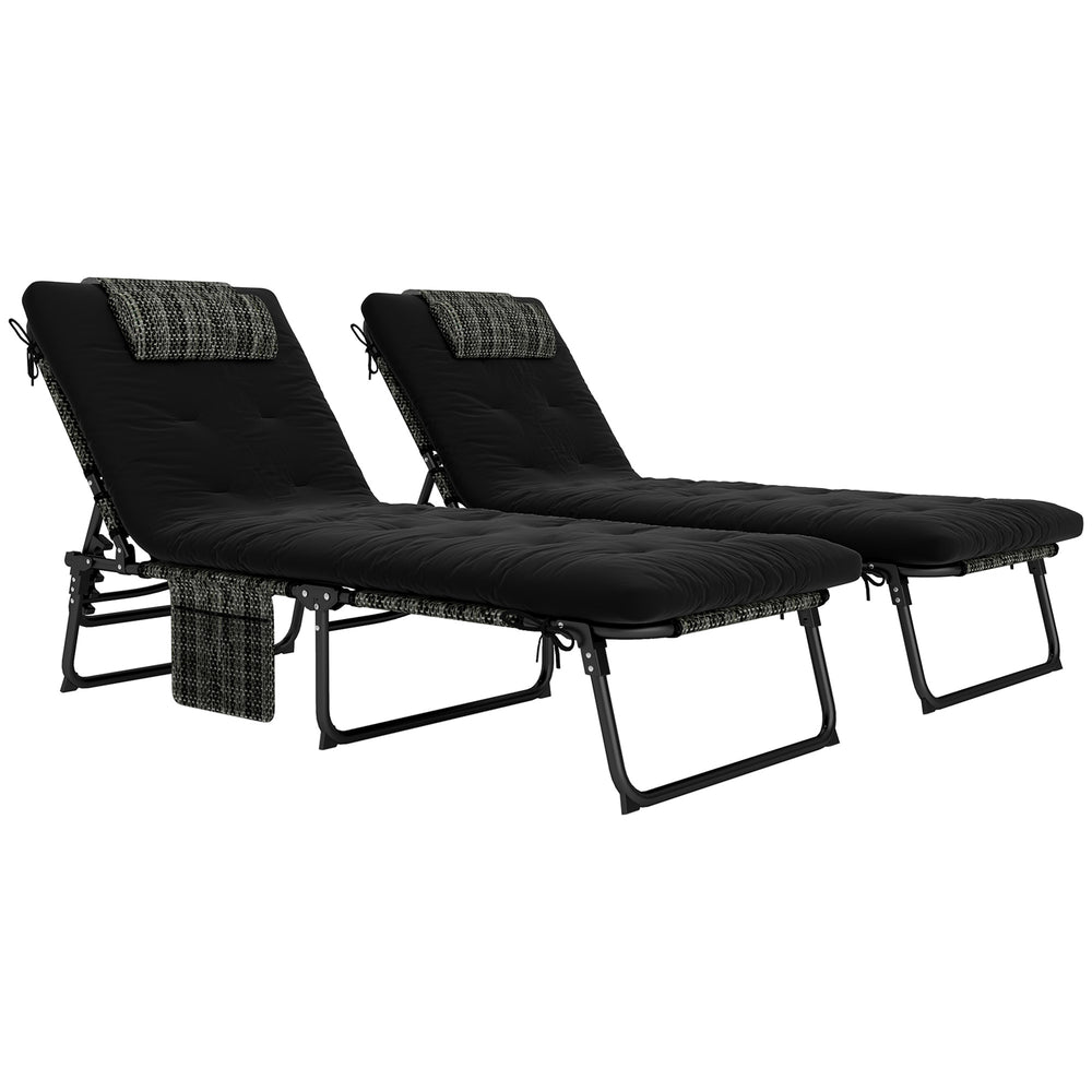 2 Pieces Folding Lounge Chairs with 4-level Reclining Back, Outdoor Tanning Chair with Cushion, Sun Lounger with Breathable Mesh Fabric, Side Pocket, Headrest, Black