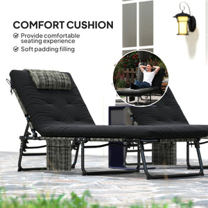 2 Pieces Folding Lounge Chairs with 4-level Reclining Back, Outdoor Tanning Chair with Cushion, Sun Lounger with Breathable Mesh Fabric, Side Pocket, Headrest, Black