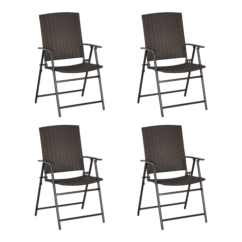 Folding Garden Chairs Set of 4, PE Rattan Garden Dining Chairs with Armrests, High Back and Steel Frame, Weather Resistant Outdoor Dining Furniture for Patio, Balcony, Brown