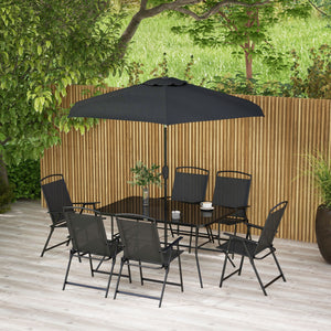 8 Piece Patio Dining Set for 6 with Umbrella, Outdoor Table and Chairs with 6 Folding Chairs with Mesh Seat and Rectangle Dining Table with Umbrella Hole, Black
