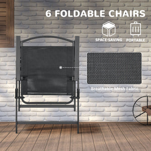 8 Piece Patio Dining Set for 6 with Umbrella, Outdoor Table and Chairs with 6 Folding Chairs with Mesh Seat and Rectangle Dining Table with Umbrella Hole, Black