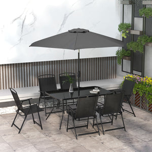 8 Piece Patio Dining Set for 6 with Umbrella, Outdoor Table and Chairs with 6 Folding Chairs with Mesh Seat and Rectangle Dining Table with Umbrella Hole, Black