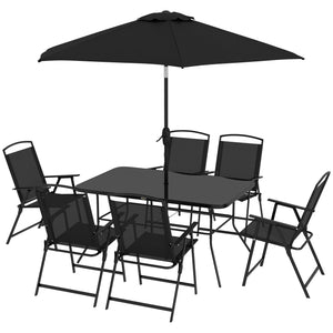 8 Piece Patio Dining Set for 6 with Umbrella, Outdoor Table and Chairs with 6 Folding Chairs with Mesh Seat and Rectangle Dining Table with Umbrella Hole, Black