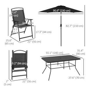8 Piece Patio Dining Set for 6 with Umbrella, Outdoor Table and Chairs with 6 Folding Chairs with Mesh Seat and Rectangle Dining Table with Umbrella Hole, Black