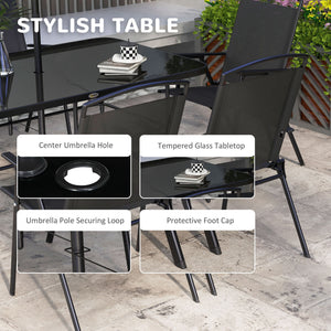 8 Piece Patio Dining Set for 6 with Umbrella, Outdoor Table and Chairs with 6 Folding Chairs with Mesh Seat and Rectangle Dining Table with Umbrella Hole, Black