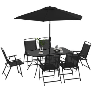 8 Piece Patio Dining Set for 6 with Umbrella, Outdoor Table and Chairs with 6 Folding Chairs with Mesh Seat and Rectangle Dining Table with Umbrella Hole, Black