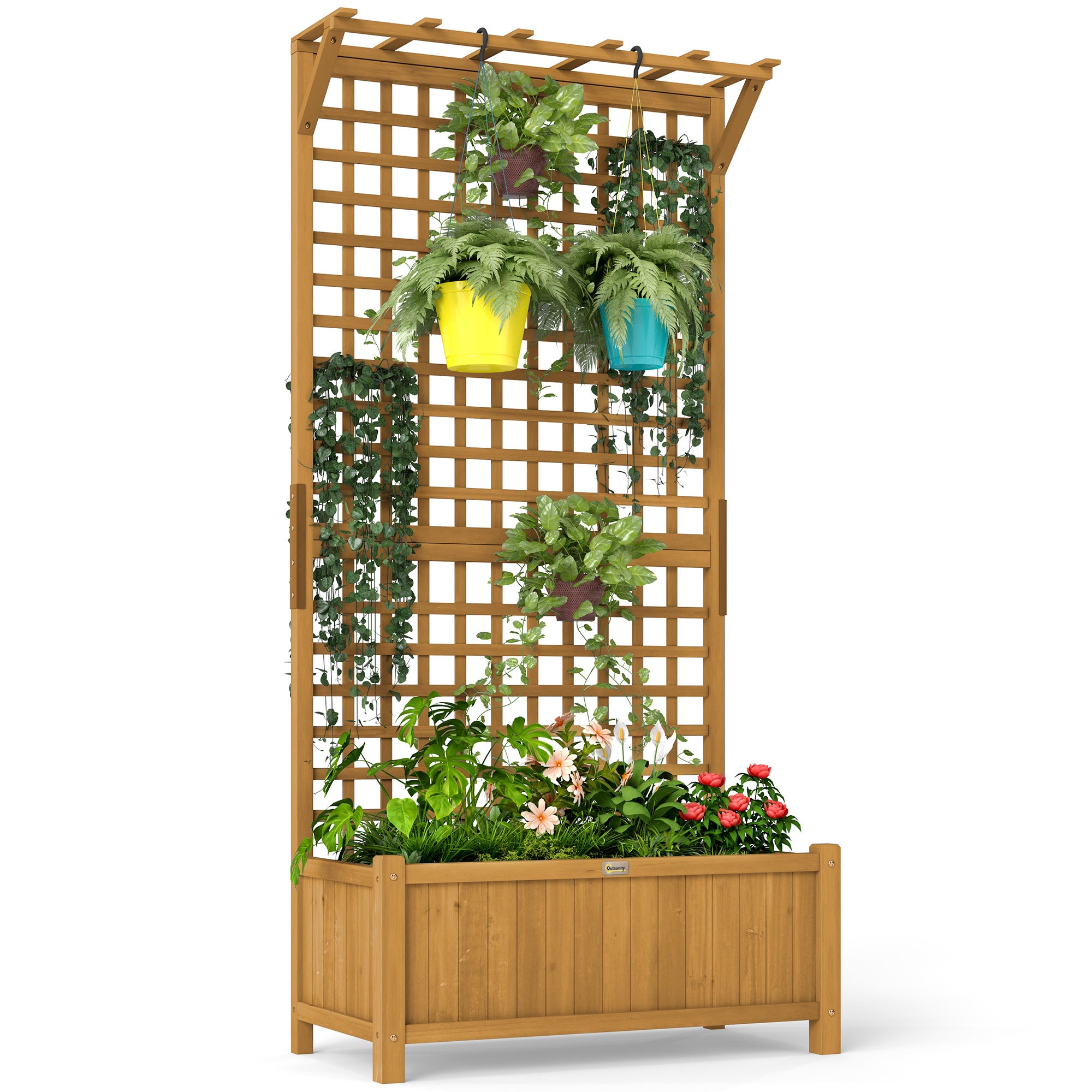 Outsunny Raised Garden Bed, Wood Planter with Trellis for Vine Climbing,  Privacy Screen Planter Box to Grow Vegetables, Herbs, and Flowers for B