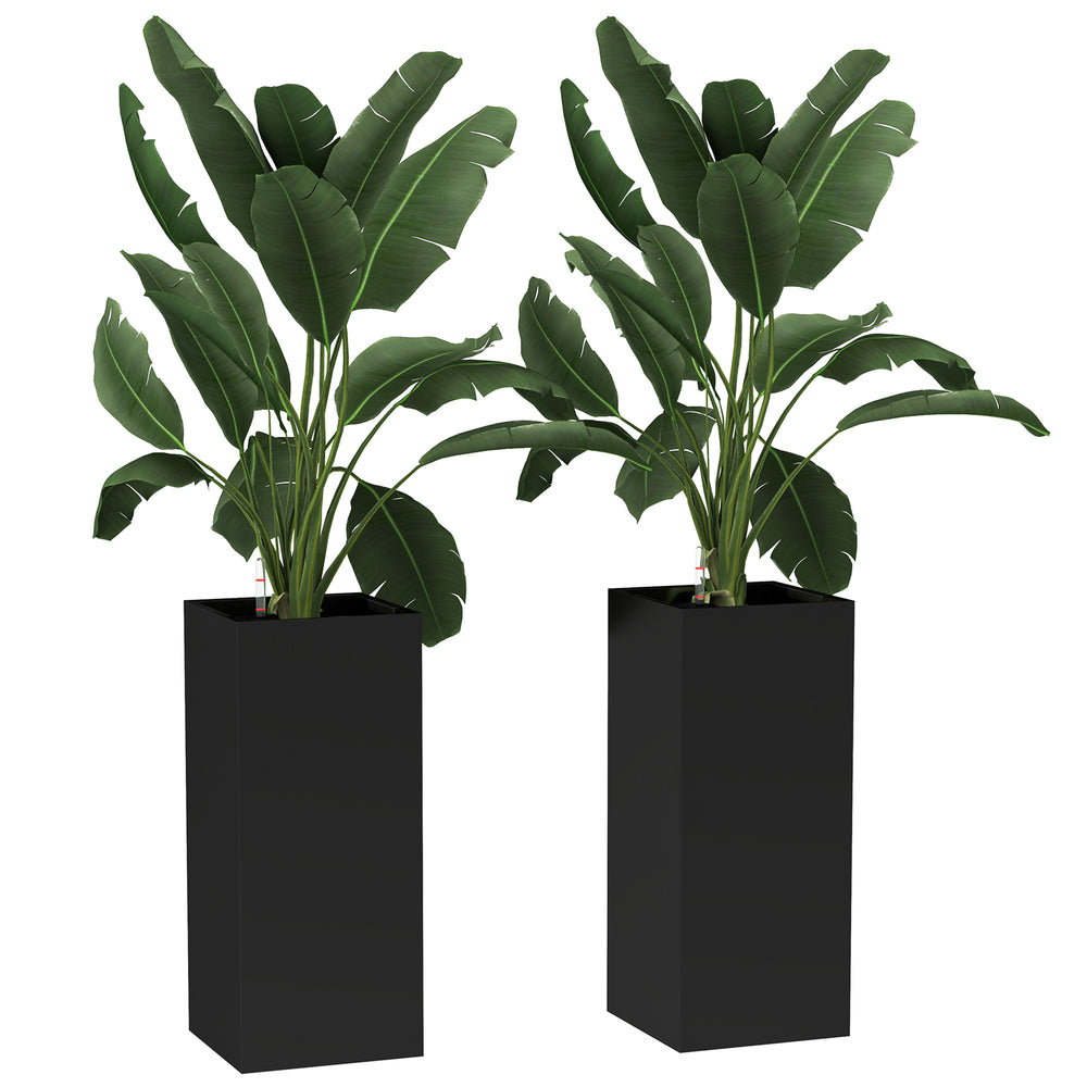 2 Pack Planter Box, 26 Inch Plastic Planter Pots with Water Level Indicator, Flower Pots with Drainage Hole and Drain Plug for Indoor Outdoor, Black