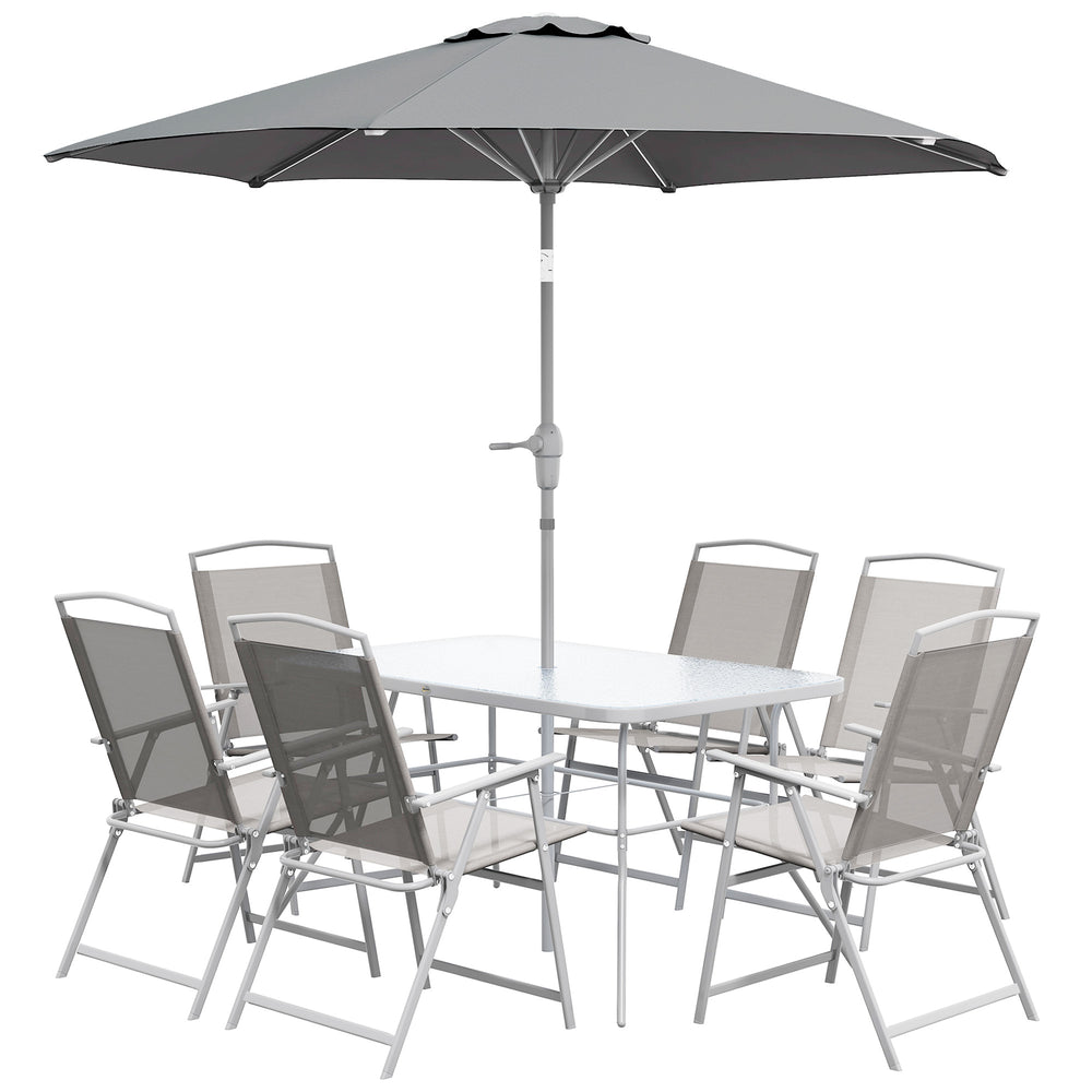 8 Piece Patio Dining Set for 6 with Umbrella, Outdoor Table and Chairs with 6 Folding Chairs with Mesh Seat and Rectangle Dining Table with Umbrella Hole, Grey