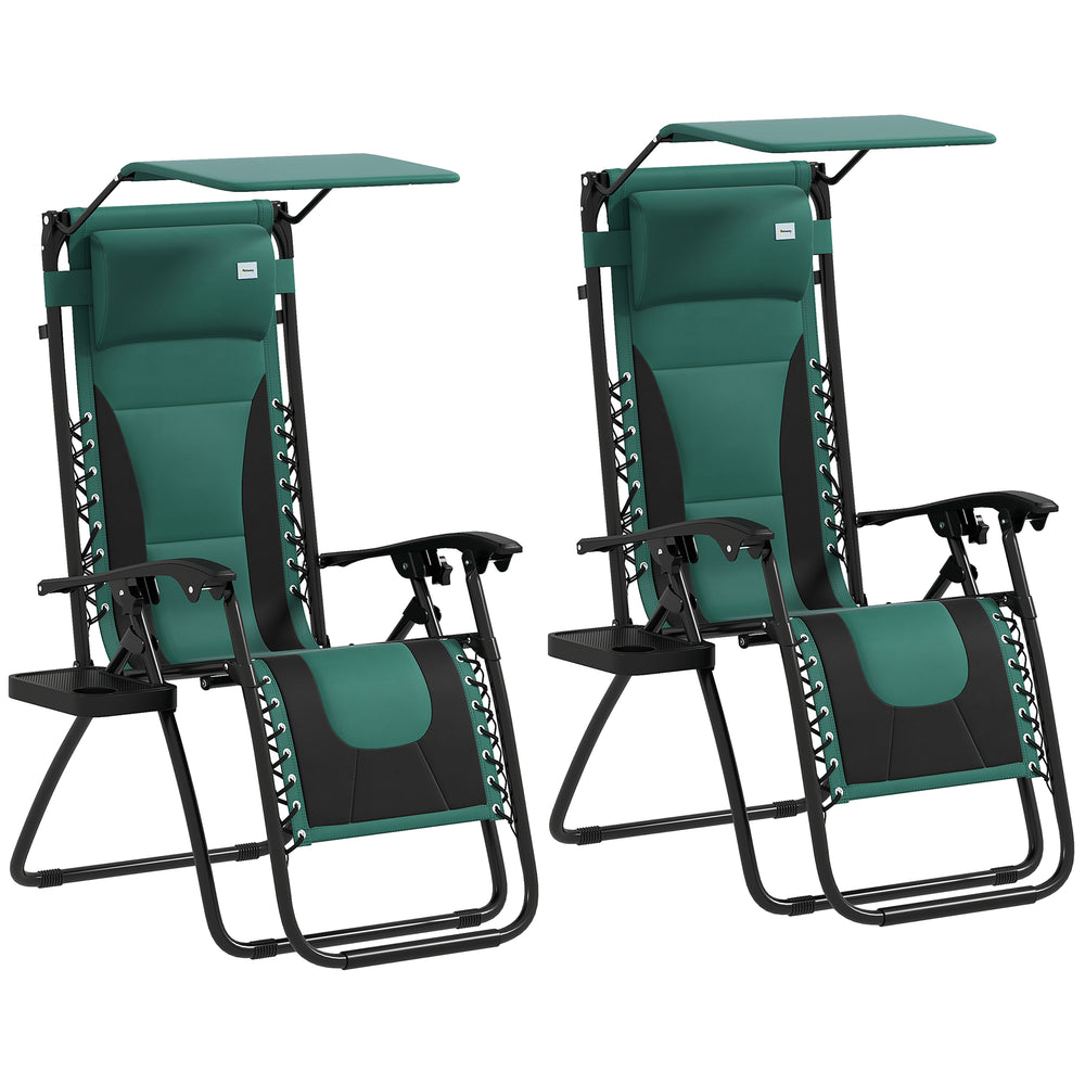 Zero Gravity Lounger Chair Set of 2, Folding Reclining Patio Chair with Shade Cover, Padded Seat, Cup Holder, Soft Cushion and Headrest for Poolside, Camping, Green