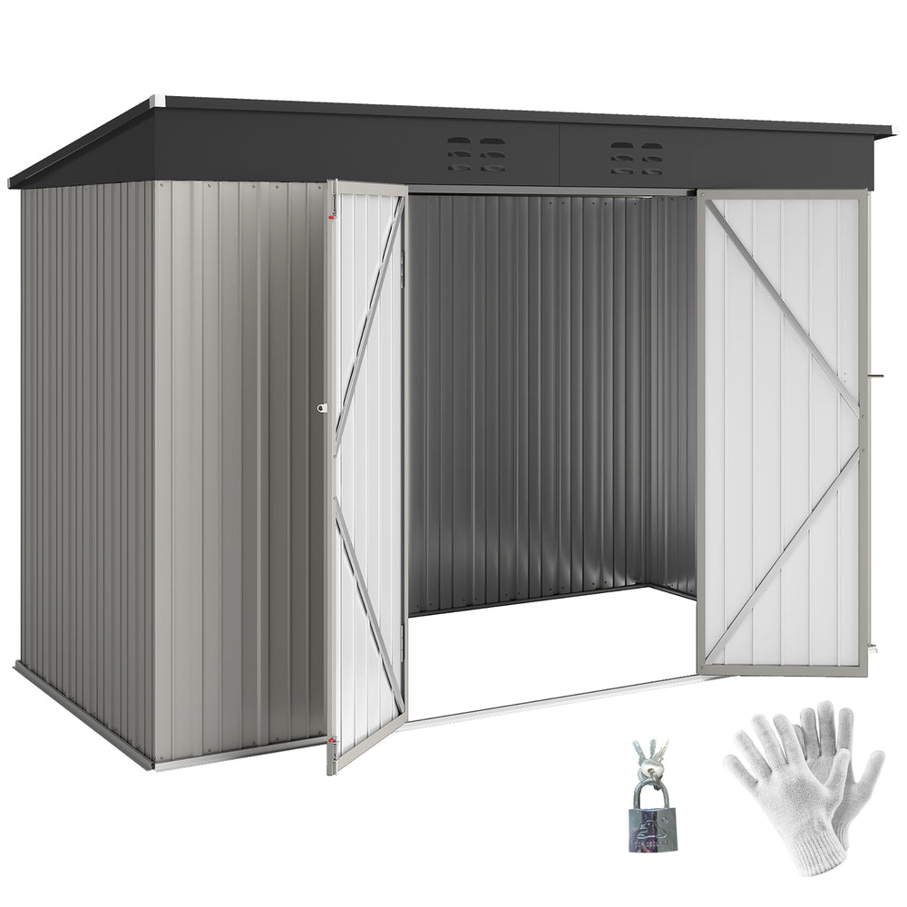 9' x 4' Storage Shed, Galvanized Steel Garden Shed, Wide Double Door with Lock, Gloves and 2 Air Vents for Backyard, Patio, Lawn, Grey