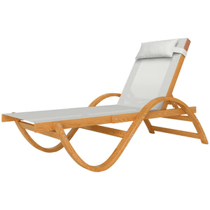 Outsunny Larch Wood Lounge Chair, 4-Level Adjustable Tanning Chair, Full Flat Patio Lounger with Mesh Seat, Outdoor Sun Chaise for Patio Beach, Cream White