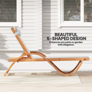 Outsunny Larch Wood Lounge Chair, 4-Level Adjustable Tanning Chair, Full Flat Patio Lounger with Mesh Seat, Outdoor Sun Chaise for Patio Beach, Cream White