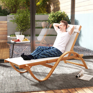 Outsunny Larch Wood Lounge Chair, 4-Level Adjustable Tanning Chair, Full Flat Patio Lounger with Mesh Seat, Outdoor Sun Chaise for Patio Beach, Cream White