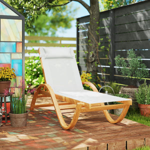 Outsunny Larch Wood Lounge Chair, 4-Level Adjustable Tanning Chair, Full Flat Patio Lounger with Mesh Seat, Outdoor Sun Chaise for Patio Beach, Cream White
