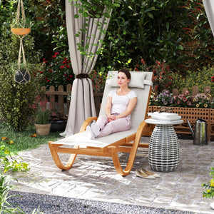 Outsunny Larch Wood Lounge Chair, 4-Level Adjustable Tanning Chair, Full Flat Patio Lounger with Mesh Seat, Outdoor Sun Chaise for Patio Beach, Cream White