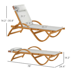 Outsunny Larch Wood Lounge Chair, 4-Level Adjustable Tanning Chair, Full Flat Patio Lounger with Mesh Seat, Outdoor Sun Chaise for Patio Beach, Cream White
