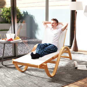 Outsunny Larch Wood Lounge Chair, 4-Level Adjustable Tanning Chair, Full Flat Patio Lounger with Mesh Seat, Outdoor Sun Chaise for Patio Beach, Cream White