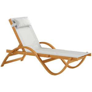 Outsunny Larch Wood Lounge Chair, 4-Level Adjustable Tanning Chair, Full Flat Patio Lounger with Mesh Seat, Outdoor Sun Chaise for Patio Beach, Cream White