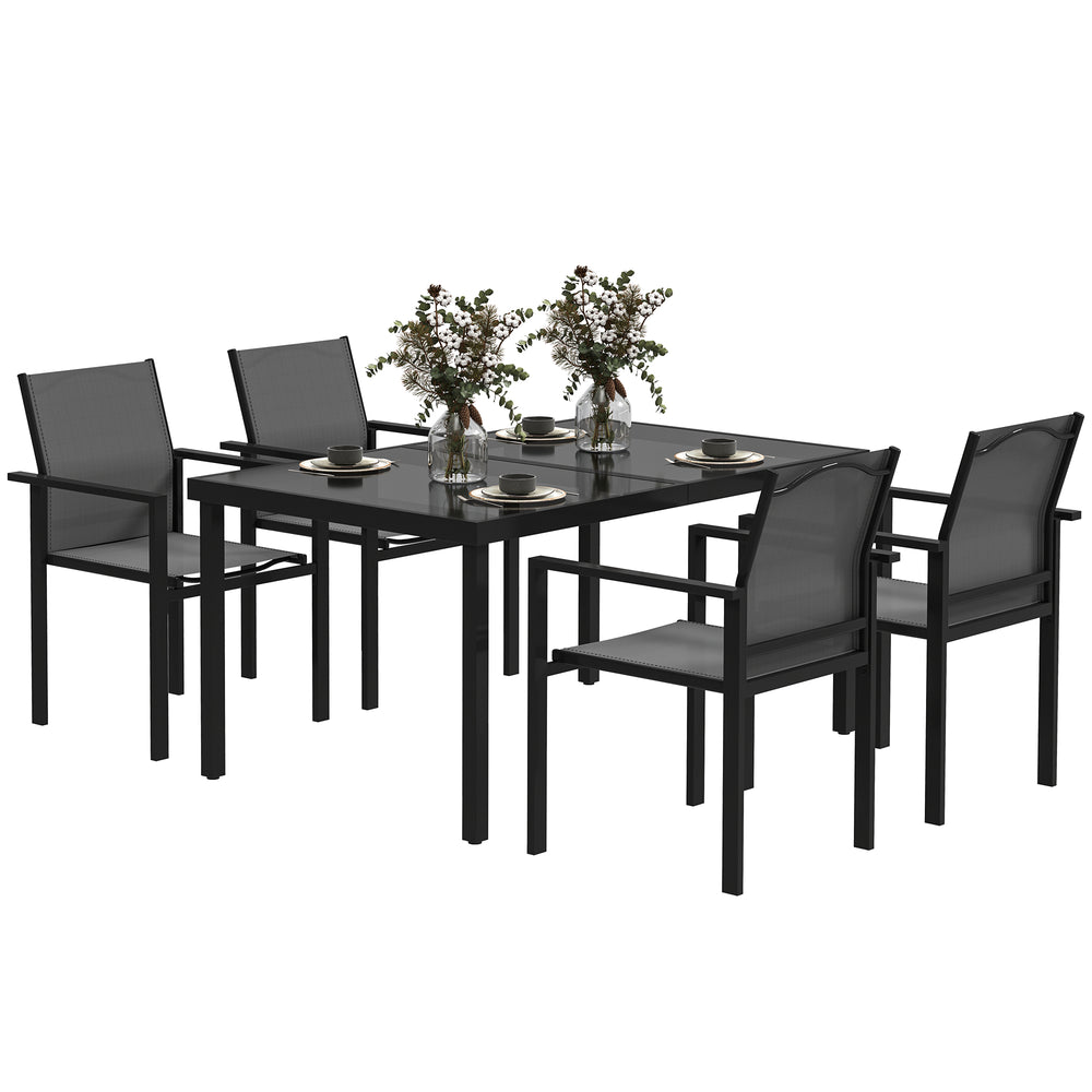5 Piece Patio Dining Set, Outdoor Table and Chairs with 2.1" Umbrella Hole, 4 Stackable Chairs, Tempered Glass Top, Rust-Resistant Metal Frame for Backyard, Porch, Deck