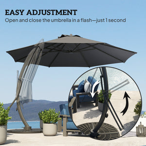 11FT Cantilever Patio Umbrella, Aluminium Offset Hanging Umbrella with 8 Ribs, 360° Rotation, Easy Adjustment for Garden, Deck, Yard and Pool, UPF 50+, Grey