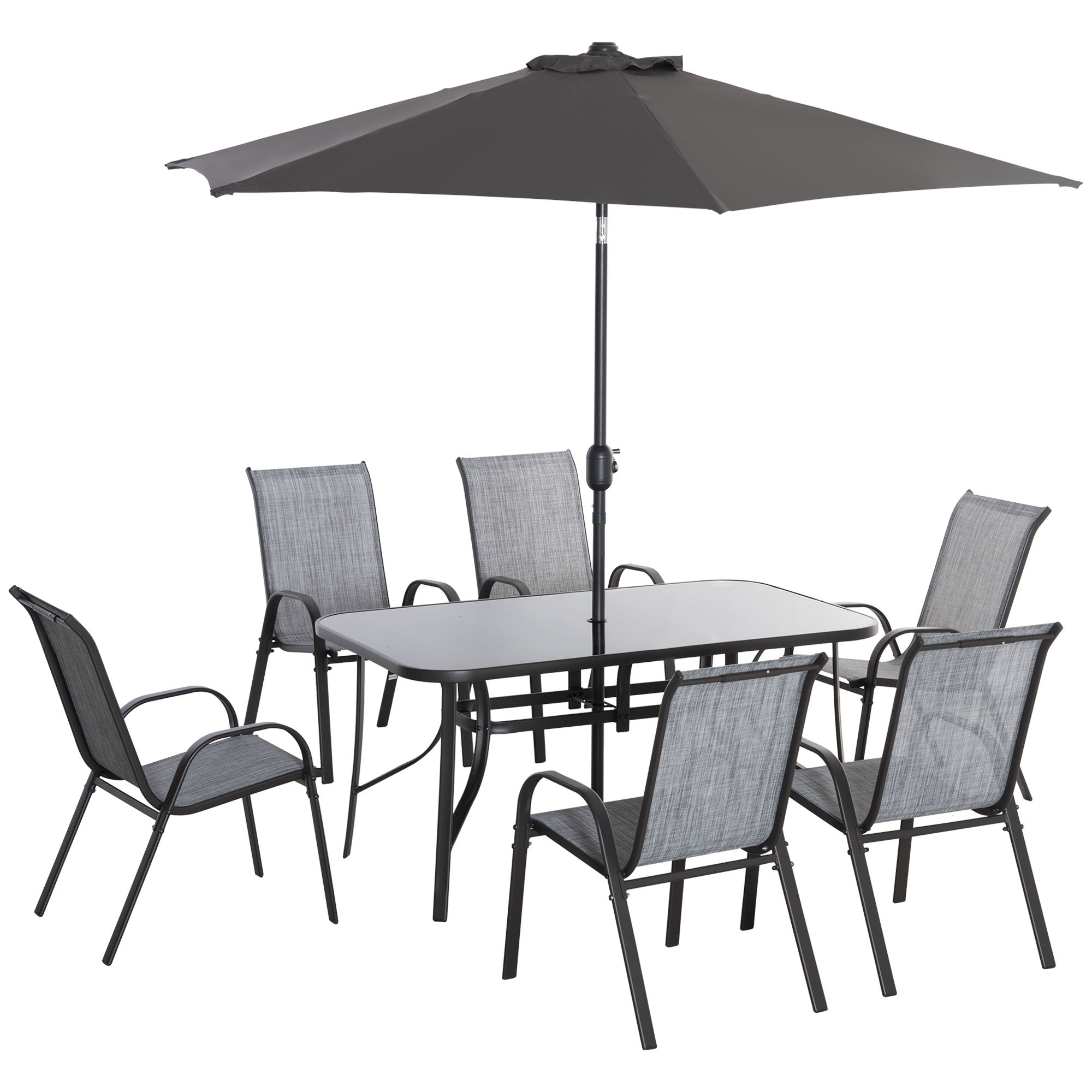 aluminum patio furniture with umbrella Outsunny 8 Pieces Patio Dining Set with Umbrella, Aluminum Frame Outdoor Table & 6 , Grey