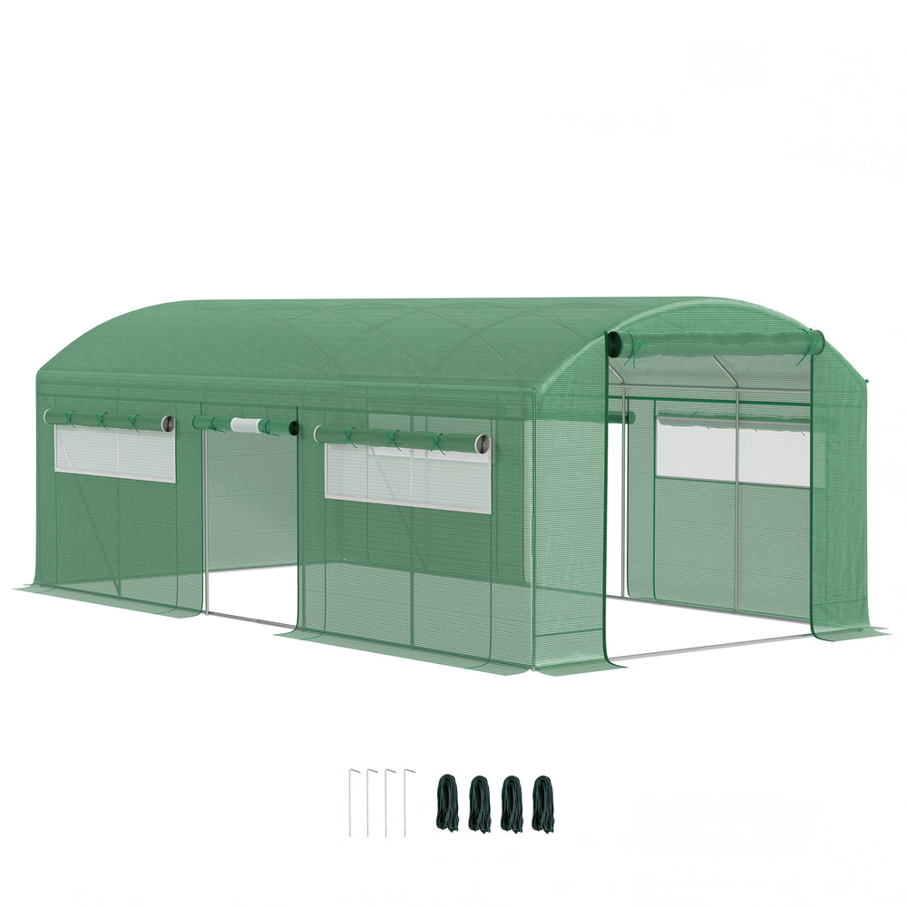 19.5' x 10' x 7.5' Walk-in Tunnel Greenhouse with 3 Roll-Up Doors and Large Mesh Windows, Outdoor Green House, Plant Hot House Tent with Galvanized Steel Frame, Green