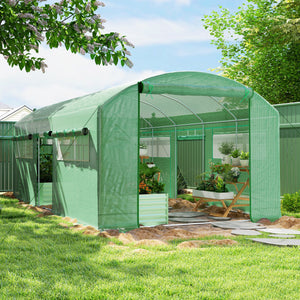 19.5' x 10' x 7.5' Walk-in Tunnel Greenhouse with 3 Roll-Up Doors and Large Mesh Windows, Outdoor Green House, Plant Hot House Tent with Galvanized Steel Frame, Green