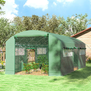 19.5' x 10' x 7.5' Walk-in Tunnel Greenhouse with 3 Roll-Up Doors and Large Mesh Windows, Outdoor Green House, Plant Hot House Tent with Galvanized Steel Frame, Green