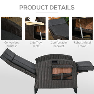 Garden Recliner with Cushion, PE Wicker Outdoor Recliner Chair with Adjustable Backrest & Footrest, Rattan Recliner Chair with Armrests and Side Tray for Balcony, Porch, Dark Grey/Brown