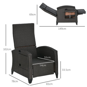 Garden Recliner with Cushion, PE Wicker Outdoor Recliner Chair with Adjustable Backrest & Footrest, Rattan Recliner Chair with Armrests and Side Tray for Balcony, Porch, Dark Grey/Brown