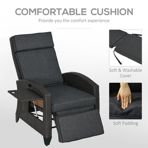 Garden Recliner with Cushion, PE Wicker Outdoor Recliner Chair with Adjustable Backrest & Footrest, Rattan Recliner Chair with Armrests and Side Tray for Balcony, Porch, Dark Grey/Brown