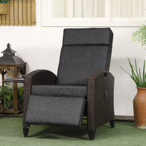 Garden Recliner with Cushion, PE Wicker Outdoor Recliner Chair with Adjustable Backrest & Footrest, Rattan Recliner Chair with Armrests and Side Tray for Balcony, Porch, Dark Grey/Brown