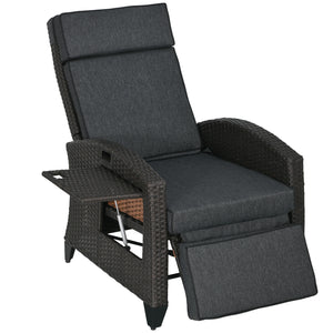 Garden Recliner with Cushion, PE Wicker Outdoor Recliner Chair with Adjustable Backrest & Footrest, Rattan Recliner Chair with Armrests and Side Tray for Balcony, Porch, Dark Grey/Brown