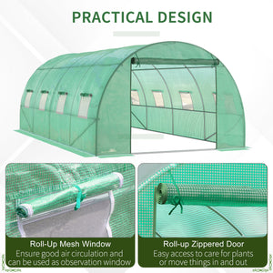 Walk-in Tunnel Greenhouse, 19 x 10 x 6.6 ft Hoop House with Zipped Roll-Up Door and 8 Mesh Windows, Outdoor Greenhouse with Galvanised Steel Frame, Green