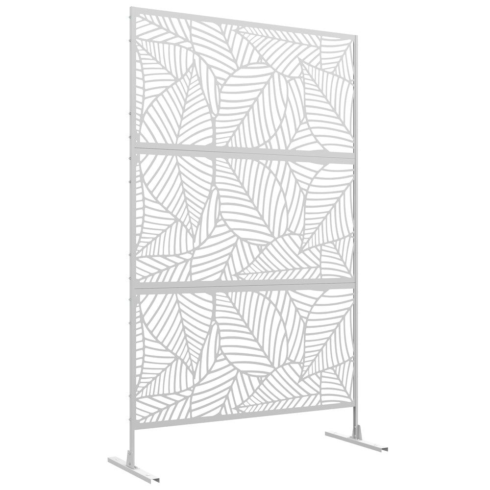 Metal Outdoor Privacy Screen, Decorative Outdoor Divider with Stand and Expansion Screws, Freestanding Privacy Panel for Garden, Backyard, Deck, Large Leaf Style, White