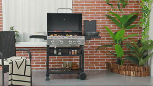 4 Burner Propane Gas Grill with Side Burner, 40,000 BTU, Shelves, Thermometer, Bottle Opener, Black