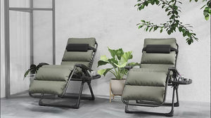 Reclining Folding Outdoor Lounge Chairs with Cushion, Headrest & Side Tray, Gray