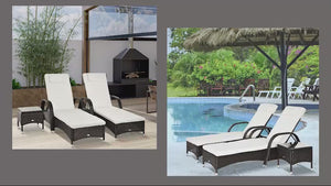 3-Piece Patio Chaise Lounge Chair with Table, 5-Level Adjustable Backrest & Wheels, Brown