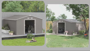 EverBase 11' x 13' Outdoor Storage Shed with Double Lockable Door & Air Vents, Light Gray