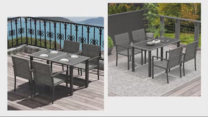4 Seater Outdoor Rattan Dining Set with Rectangular Glass Tabletop & 4 Armchairs, Grey