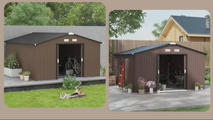 EverBase 11' x 13' Outdoor Storage Shed with Double Lockable Door & Air Vents, Brown