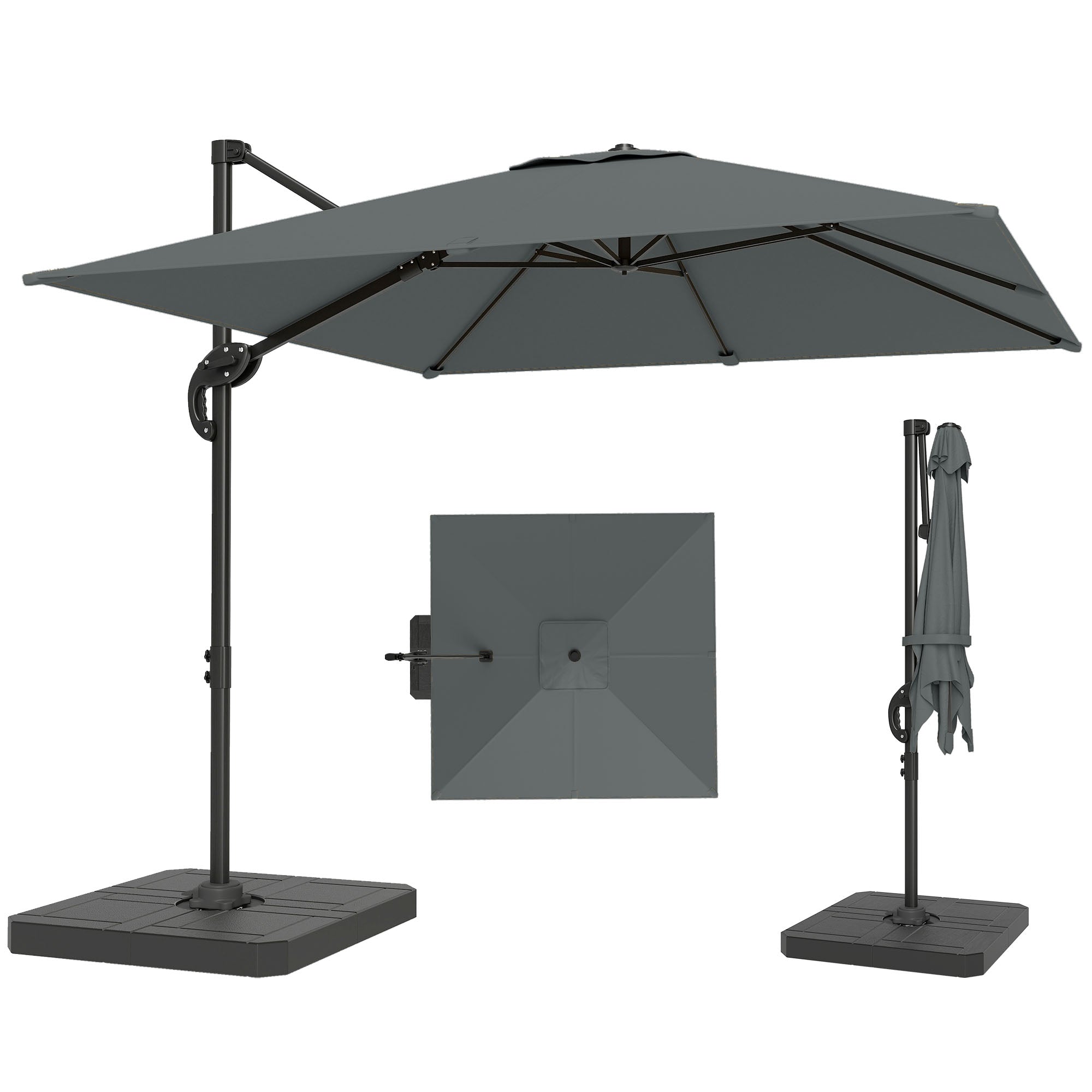 charcoal grey patio umbrella Outsunny 8' x 8' Cantilever Patio Umbrella with Base Weights, Dark Grey
