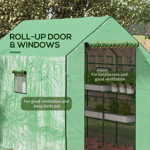 Walk-in Greenhouse with 3 Tier 12 Shelves, Small Greenhouse with Reinforced PE Cover, Garden Plant Growhouse with Roll-up Door and Three Mesh Windows, 140 x 213 x 190 cm, Green