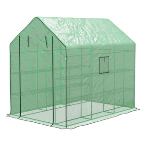 Walk-in Greenhouse with 3 Tier 12 Shelves, Small Greenhouse with Reinforced PE Cover, Garden Plant Growhouse with Roll-up Door and Three Mesh Windows, 140 x 213 x 190 cm, Green