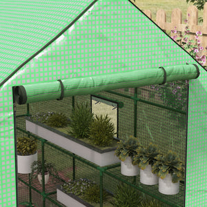 Walk-in Greenhouse with 3 Tier 12 Shelves, Small Greenhouse with Reinforced PE Cover, Garden Plant Growhouse with Roll-up Door and Three Mesh Windows, 140 x 213 x 190 cm, Green